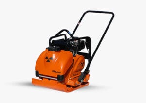 An orange plate compactor with black handles and accents, featuring a triangular logo on its front and side. The machine is designed for compacting and leveling soil, asphalt, or other materials, typically used in construction and landscaping projects.