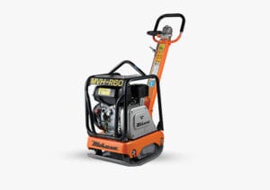 A Mikasa MVH-R60 vibrating plate compactor with an orange handle and frame. The compactor is designed for soil compaction and features a robust engine, sturdy construction, and a control panel on the handle for ease of use. It sits on a flat, white background.