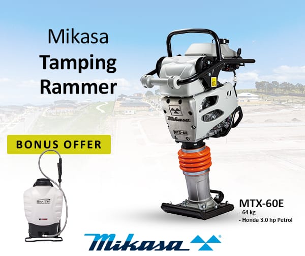 Discover the Mikasa MTX-60E Tamping Rammer, powered by a robust 3.0 hp Honda engine and weighing just 64 kg. This essential tool comes with an exclusive bonus offer—a stylish white and black water container/sprayer. Perfect for any outdoor construction site!