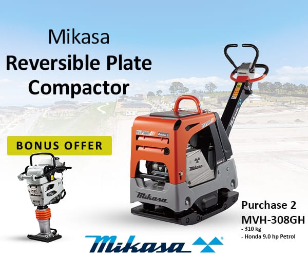 Discover the power of the Mikasa Reversible Plate Compactor, model MVH-308GH. With a robust 310 kg build and a Honda 9.0 hp petrol engine, it's engineered for excellence. Enjoy exclusive bonus offers with purchase. Branding prominently displayed at the bottom.