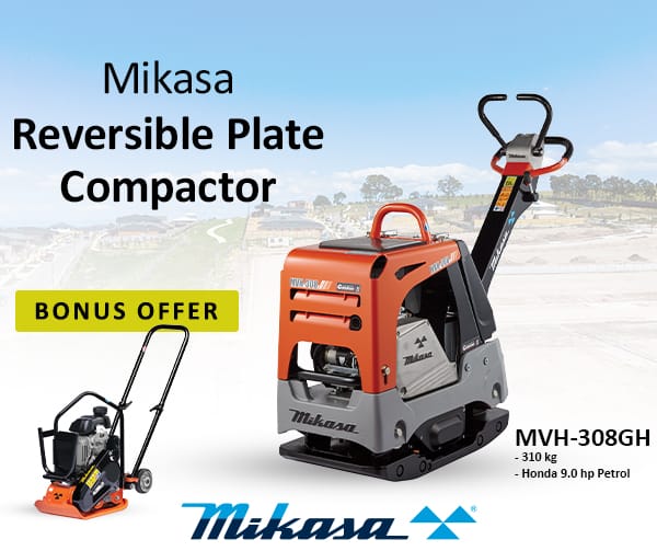 Discover the power of the Mikasa Reversible Plate Compactor MVH-308GH, featuring a robust Honda 9.0 hp petrol engine. Enjoy exclusive bonus offers and an image showcasing a smaller compactor beside the main model. Experience reliability with Mikasa—brand logo proudly displayed at the bottom.