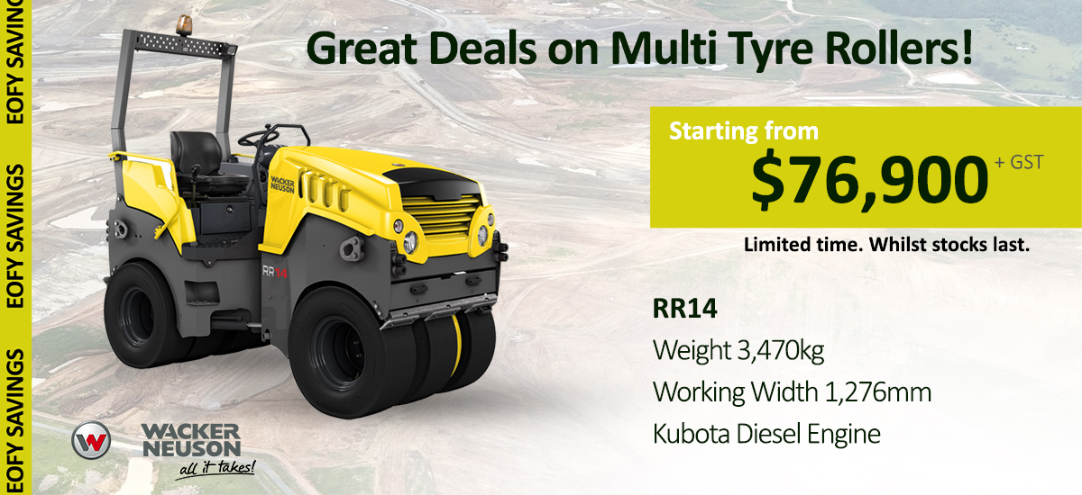 A yellow Wacker Neuson RR14 multi tyre roller is shown on a construction site background. Text promotes a starting price of $76,900+GST, with key specs, and "Great Deals on Multi Tyre Rollers!" at the top.