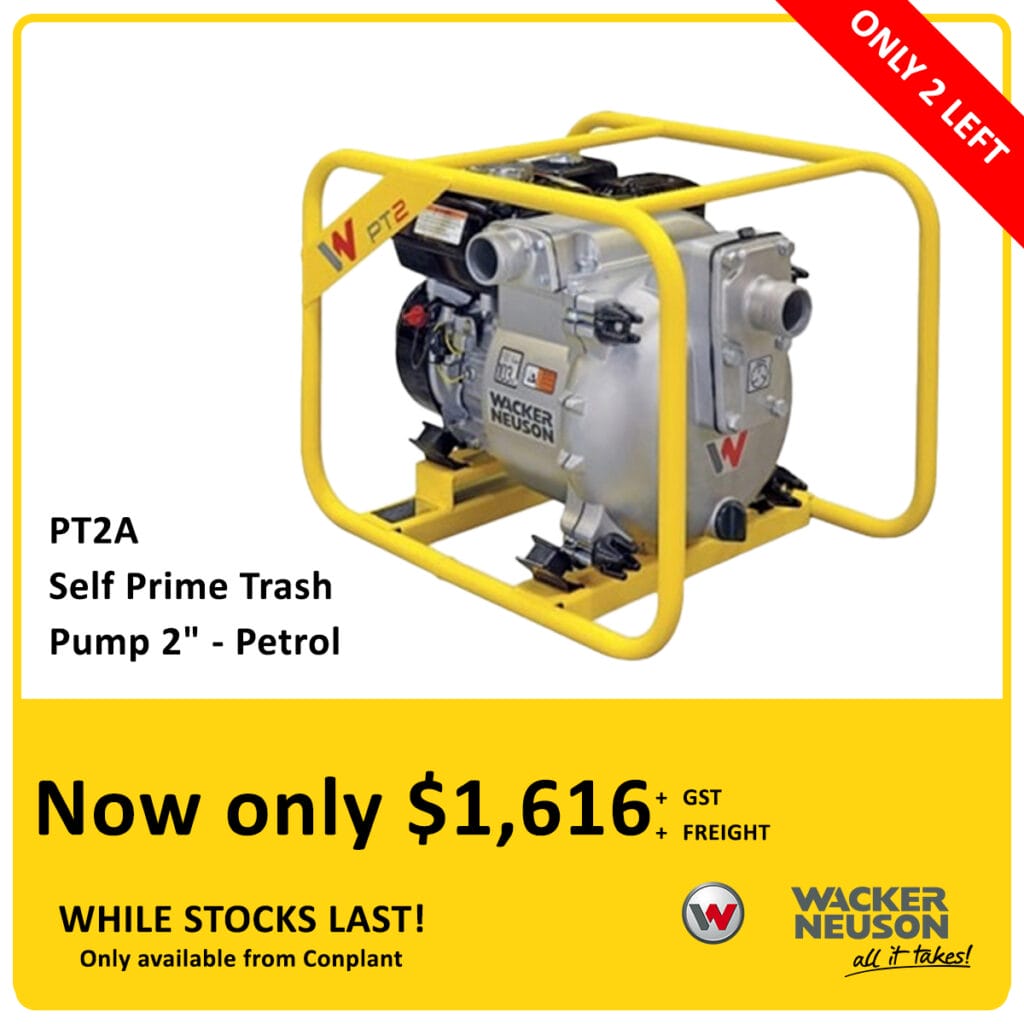 A Wacker Neuson PT2A 2-inch self-priming trash pump with a yellow protective frame is displayed above a yellow banner advertising a $1,616 price and "Only 2 Left" in the top right corner.