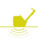 Yellow silhouette of a turret-like Compaction Matrix machine with an extended arm on a white background, emitting curved lines below it that represent sonar or radar waves.