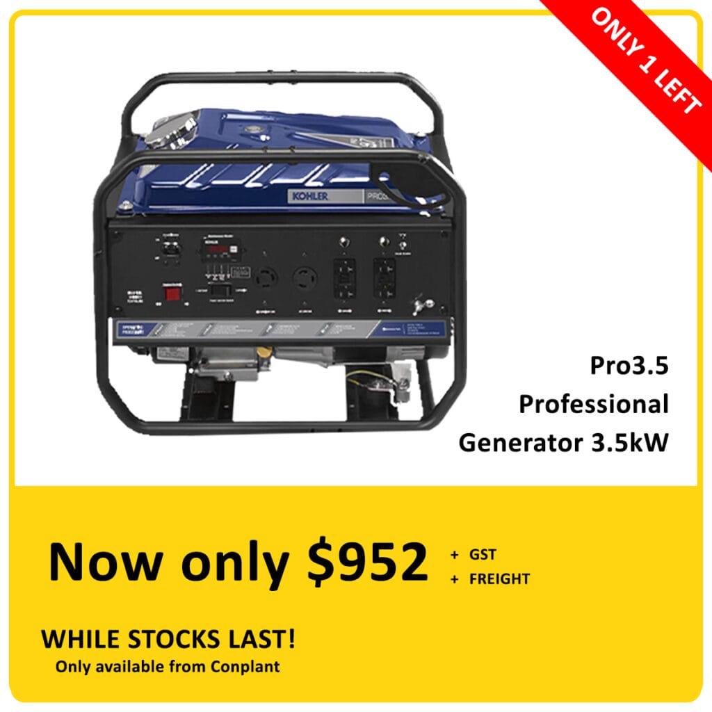 A blue Kohler Pro3.5 Professional Generator is shown above a yellow banner reading "Now only $952 + GST + FREIGHT." A red label in the corner says "ONLY 1 LEFT." Text notes, "WHILE STOCKS LAST! Only available from Conplant.
