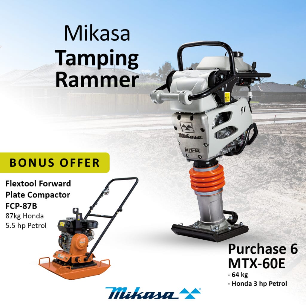 A Mikasa Tamping Rammer stands outdoors; text promotes a bonus offer for a Flextool Forward Plate Compactor when purchasing six MTX-60E rammers. The compactor and rammer specifications are listed.
