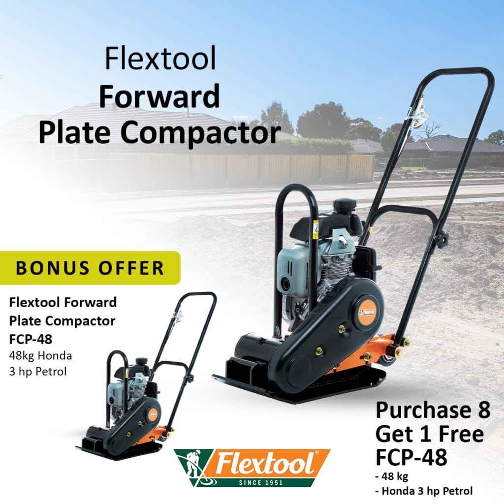 A Flextool Forward Plate Compactor FCP-48 is displayed with a “Bonus Offer” and “Purchase 8 Get 1 Free” promotion, set against a suburban construction background. The Flextool logo is at the bottom.