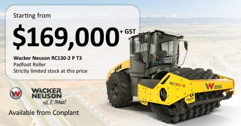 RC130-2 P T3 9000 - Conplant Pty Ltd - Conplant Pty Ltd Yellow Wacker Neuson RC130-2 padfoot roller with price and availability details shown.