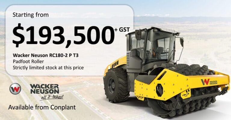 RC180-2 P T3 - Conplant Pty Ltd - Conplant Pty Ltd Yellow Wacker Neuson RC180-2 padfoot roller with price and company branding displayed.