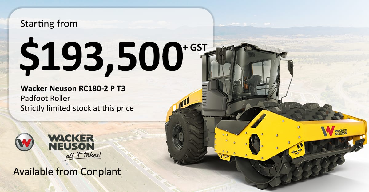 RC180-2 P T3 - Conplant Pty Ltd - Conplant Pty Ltd Yellow Wacker Neuson RC180-2 padfoot roller with price and company branding displayed.