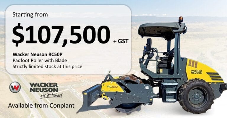 RC50P price point - Conplant Pty Ltd - Conplant Pty Ltd Wacker Neuson RC50P padfoot roller with blade, price 7,500+GST, from Conplant.
