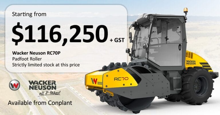 RC70 Price Point 2026 - Padfoot LI - Conplant Pty Ltd - Conplant Pty Ltd Wacker Neuson RC70P padfoot roller, price and info displayed, yellow and gray machine.