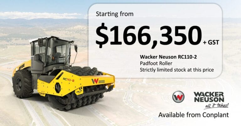 RC_LI - Conplant Pty Ltd - Conplant Pty Ltd Yellow Wacker Neuson RC110-2 Padfoot Roller with price and details on a light background.