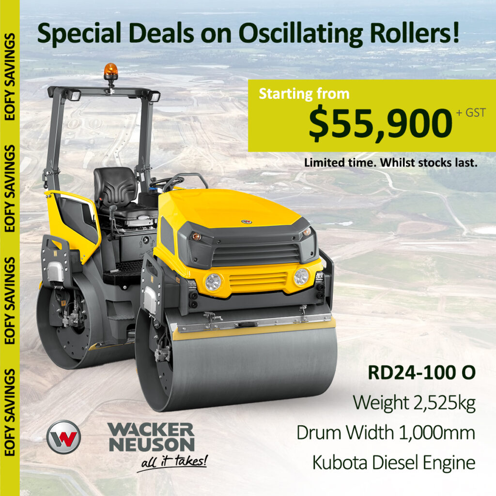 A yellow and black Wacker Neuson RD24-100 O oscillating roller is shown with promo text: “Special Deals on Oscillating Rollers! Starting from $55,900+GST. Weight 2,525kg, Drum Width 1,000mm, Kubota Diesel Engine.”.