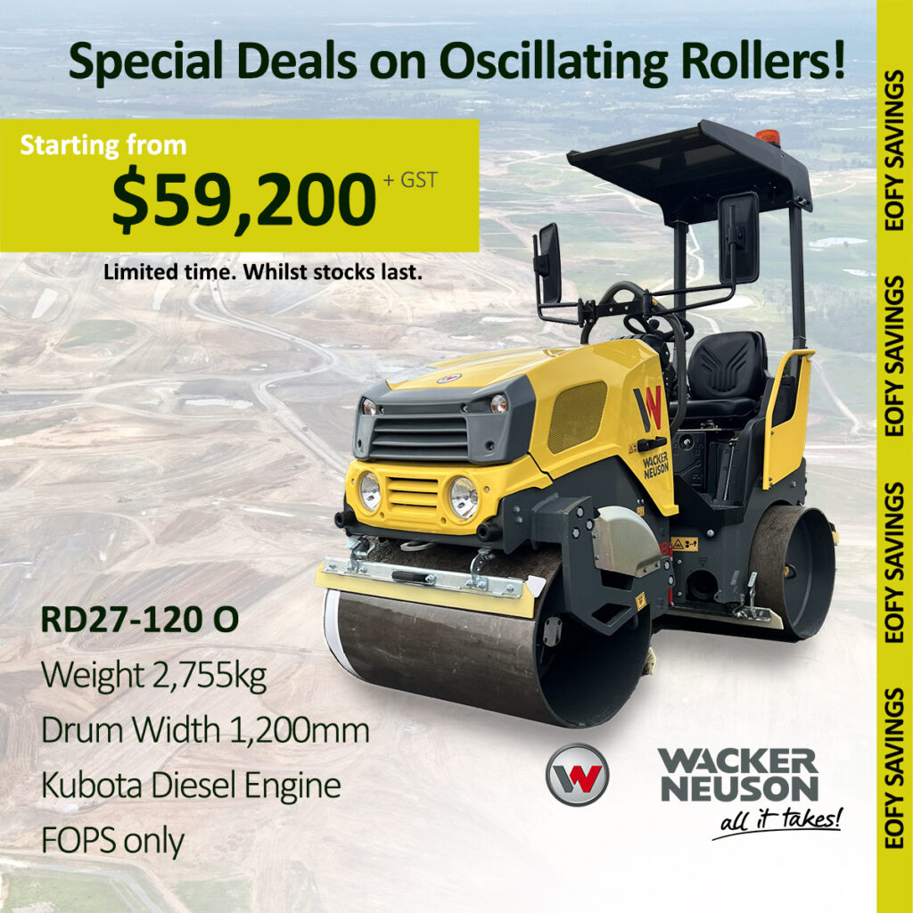 A yellow Wacker Neuson RD27-120 O oscillating roller is displayed on a construction site background. Text highlights a special deal price of $59,200+GST, key features, and "EOFY savings" banners along the sides.