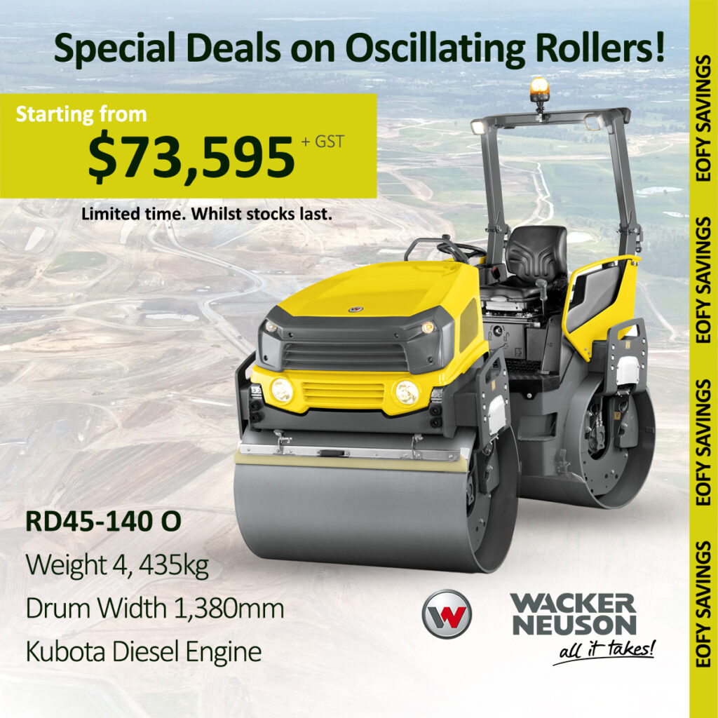A yellow and black Wacker Neuson oscillating roller is displayed with text promoting special deals from $73,595 plus GST. Specs: 4,435kg weight, 1,380mm drum width, Kubota diesel engine. "EOFY Savings" on the side.
