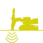 A yellow silhouette of a machine with a robotic arm on tracks, positioned above a line, with curved lines below suggesting sonar or radar scanning, representing the Compaction Matrix process.