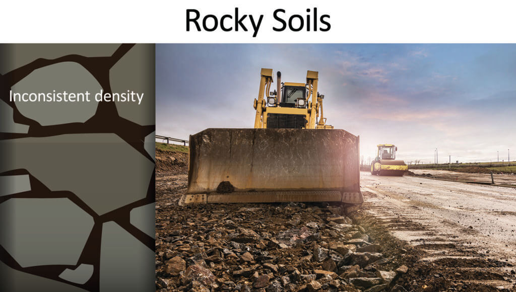 A large bulldozer is working on rocky soil under a blue sky. In the background, another construction vehicle is visible. To the left of the image, a graphic illustrates "Inconsistent density" with varied, irregularly shaped patterns, representing rocky soil composition common in regions like Australia.