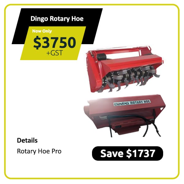Red Dingo rotary hoe attachment with price and discount details in bold yellow and black text.
