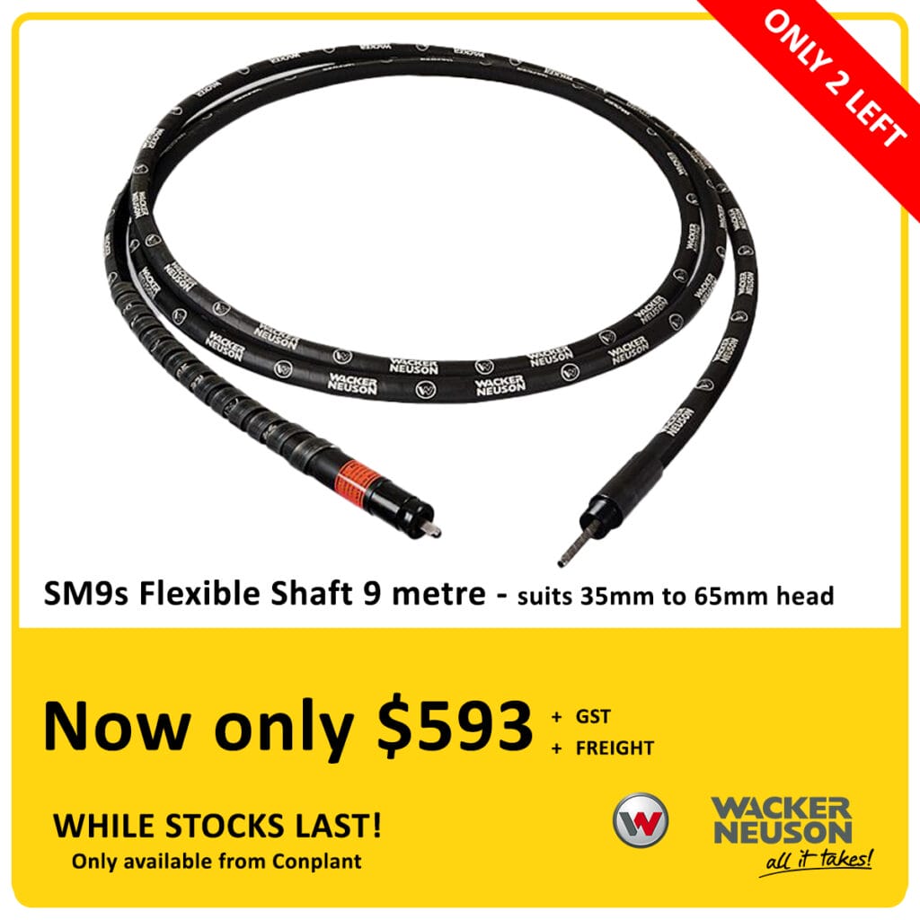 A black SM9s 9-metre flexible shaft for a Wacker Neuson machine, coiled on a yellow and white background, with a price of $593 and a red "Only 2 Left" banner in the corner.