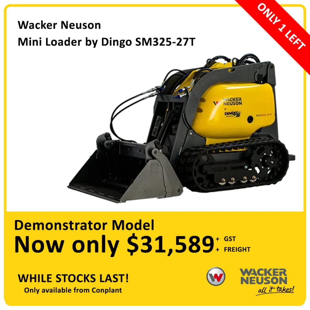 A yellow and black Wacker Neuson mini loader by Dingo SM325-27T is displayed on a promotional ad. The price is $31,589 plus GST, with only one left in stock. The Wacker Neuson logo appears at the bottom.