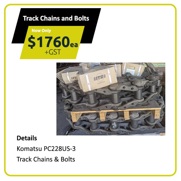 Komatsu PC228US-3 track chains and bolts stacked, price $1760 each plus GST.