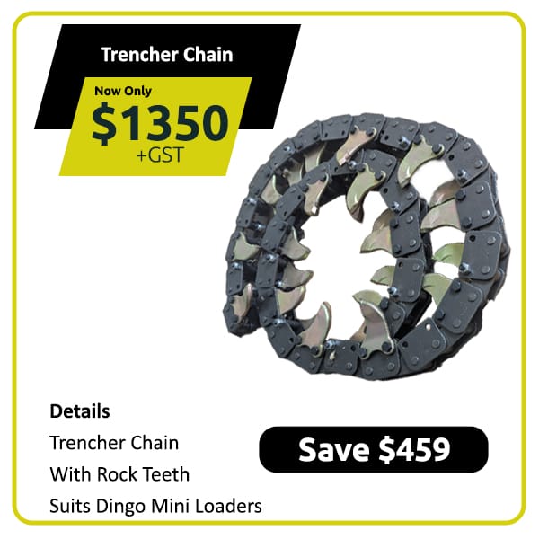 Trencher chain with rock teeth for Dingo mini loaders, priced at $1350, save $459.
