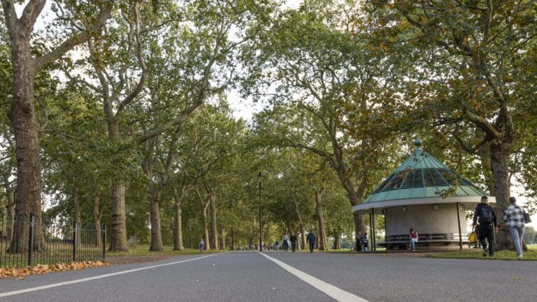 Wide path beneath urban canopy, with people walking and a shelter on the right.