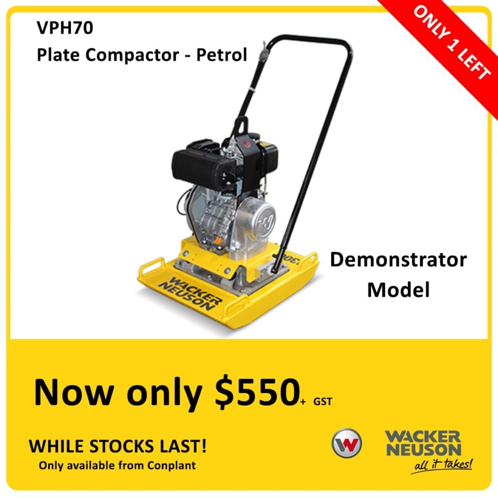 Yellow Wacker Neuson petrol plate compactor on sale for 0; only one left in stock.