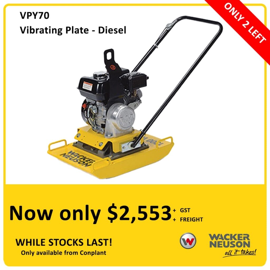 A yellow Wacker Neuson vibrating plate machine with a diesel engine is featured on a yellow background. Text highlights a special price of $2,553, with only two units left in stock.