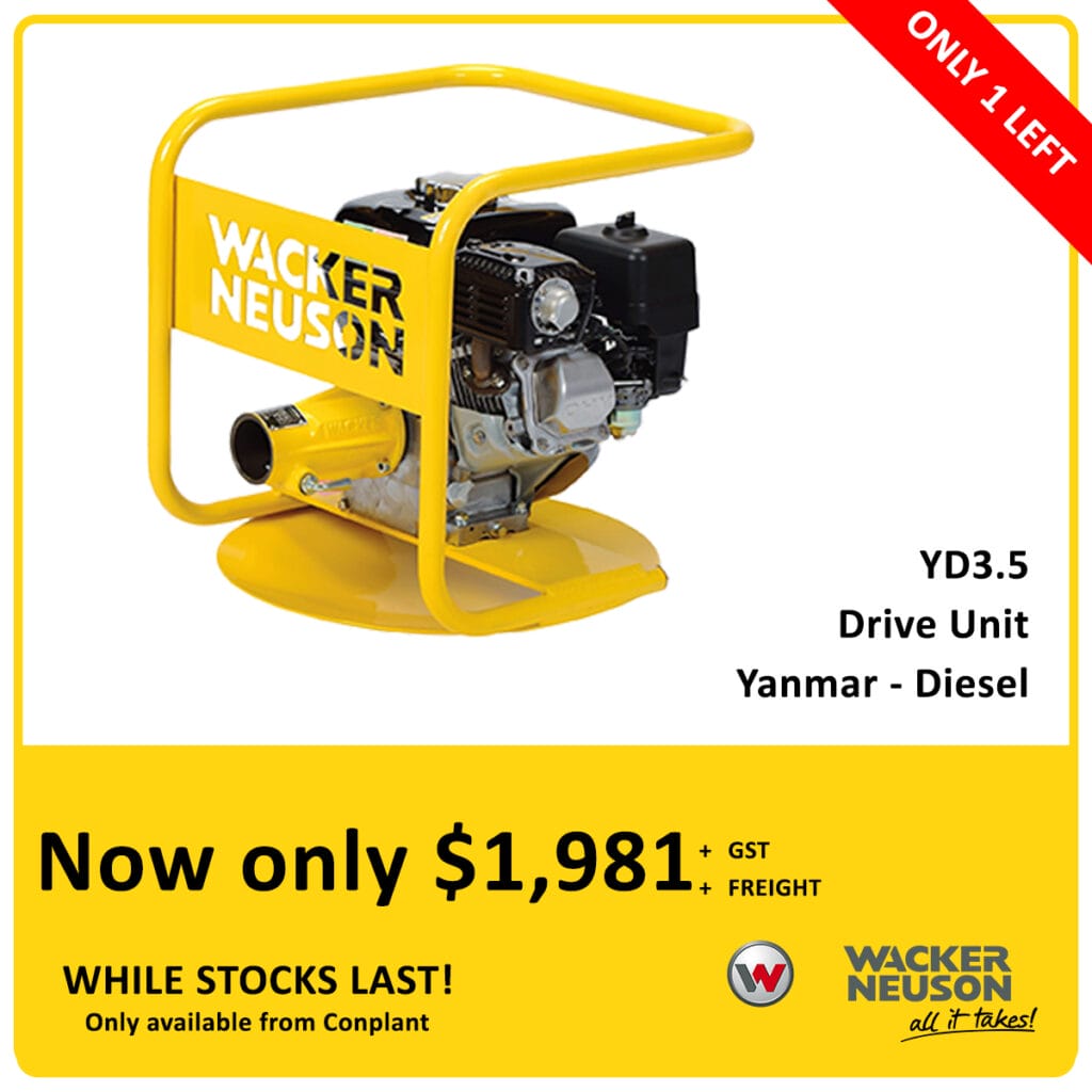 Yellow Wacker Neuson YD3.5 diesel drive unit with engine, displayed in a yellow promo ad showing the price $1,981+GST, “Only 1 left” banner, and a "while stocks last" notice.