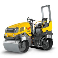 Image of a yellow Wacker Neuson Series RD 27 tandem vibratory roller, used for compacting soil, gravel, concrete, and asphalt in construction projects. The machine features two large rollers, a driver's seat, and controls, with the brand logo visible on the side.