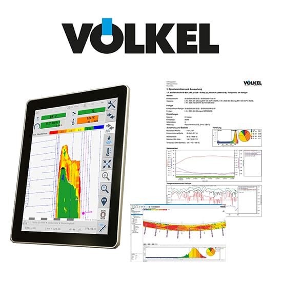 Tablet displaying colorful data charts, Völkel logo above, Intelligent Compaction reports on right.