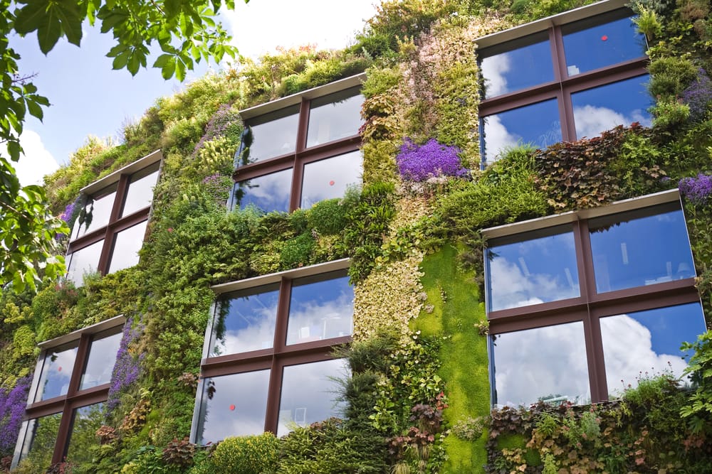 A multi-story building covered in a lush green vertical garden with various plants and flowers exemplifies emerging practices in sustainable building. Large windows reflect a blue sky with white clouds, while the surrounding foliage frames the view, creating a harmonious blend of architecture and nature.