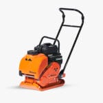 An orange plate compactor with a black handle and engine sits on a white background. The machine is branded "Makani" and features a sleek design with visible control handles and protective casing.