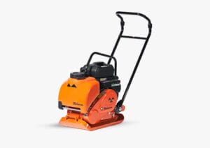 An orange plate compactor with a black handle and engine sits on a white background. The machine is branded "Makani" and features a sleek design with visible control handles and protective casing.