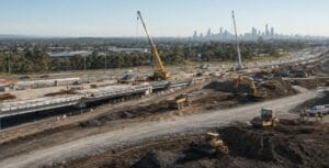 olympics piece - Conplant Pty Ltd Construction site with cranes and trucks; Brisbane 2032 skyline in the background.